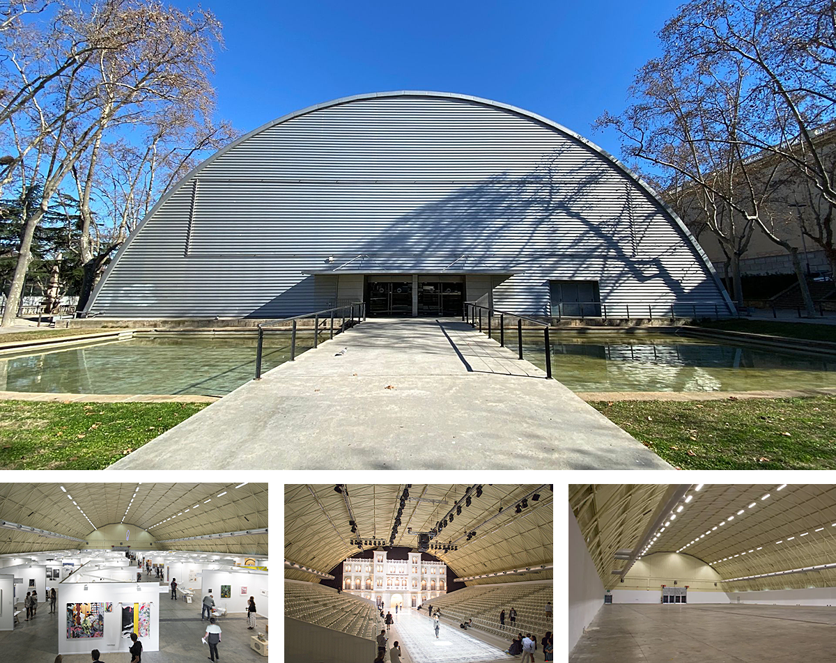 Imagen mostrando el exterior y diferentes vistas del interior del Pabellón Italiano.