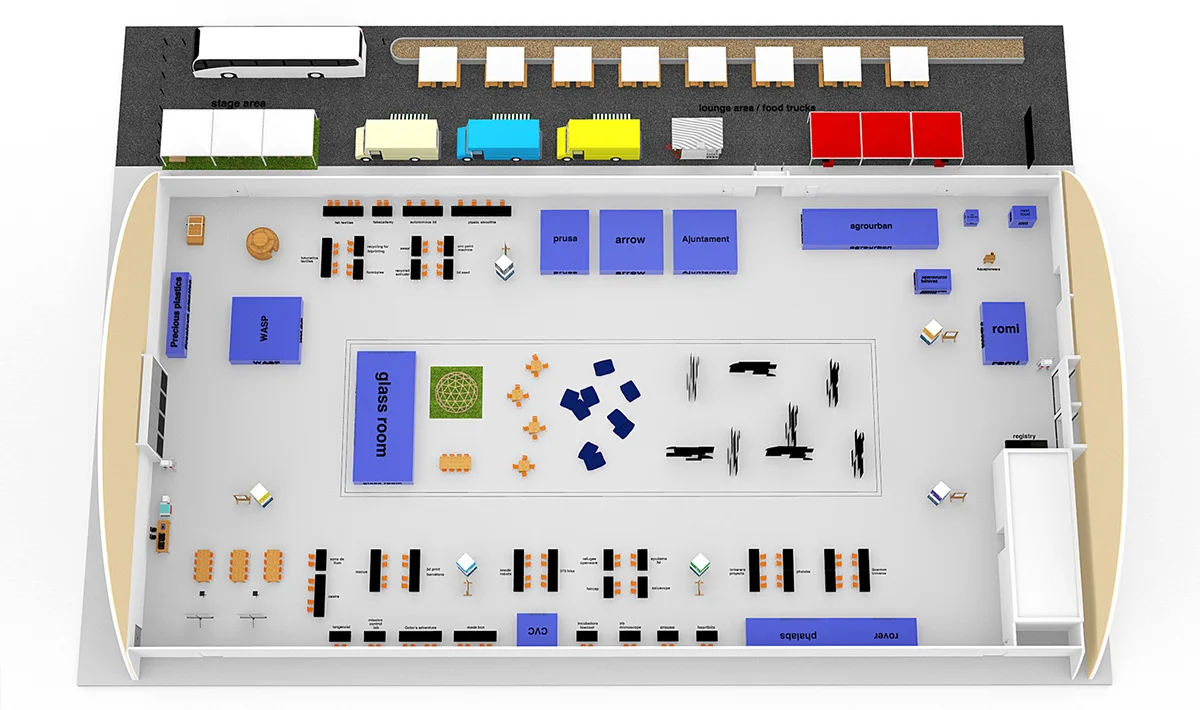 Plano 3D de Maker Faire 2018 mostrando la colocación de los elementos zonales.