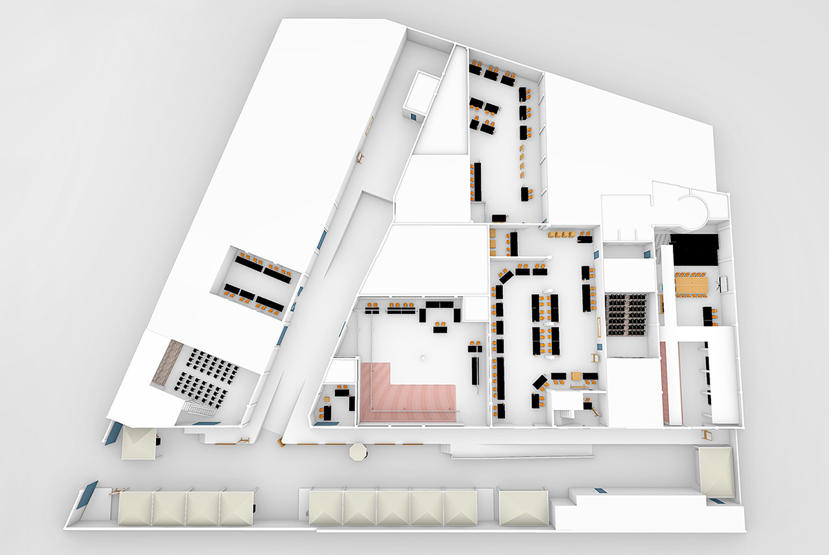 Plano 3D de Maker Faire 2019 mostrando la colocación de los elementos zonales.